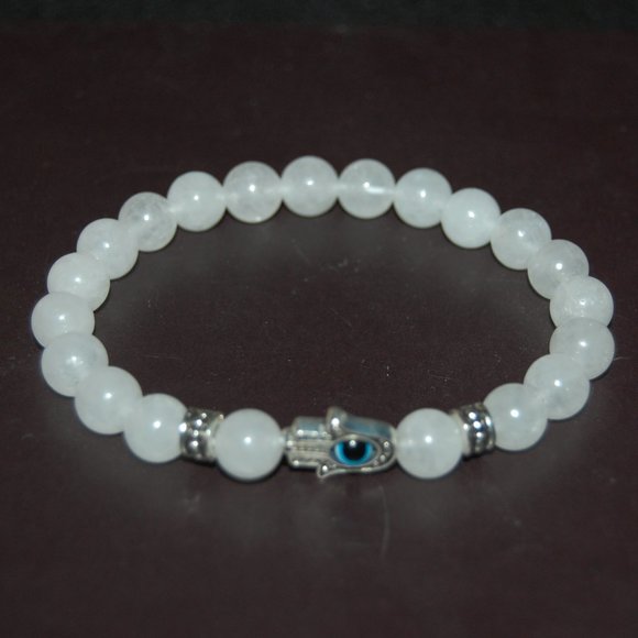 Hamsa Hand Bracelet,White Jade Bracelet,Hamsa White Jade Bracelet,8mm Be… - Picture 3 of 3